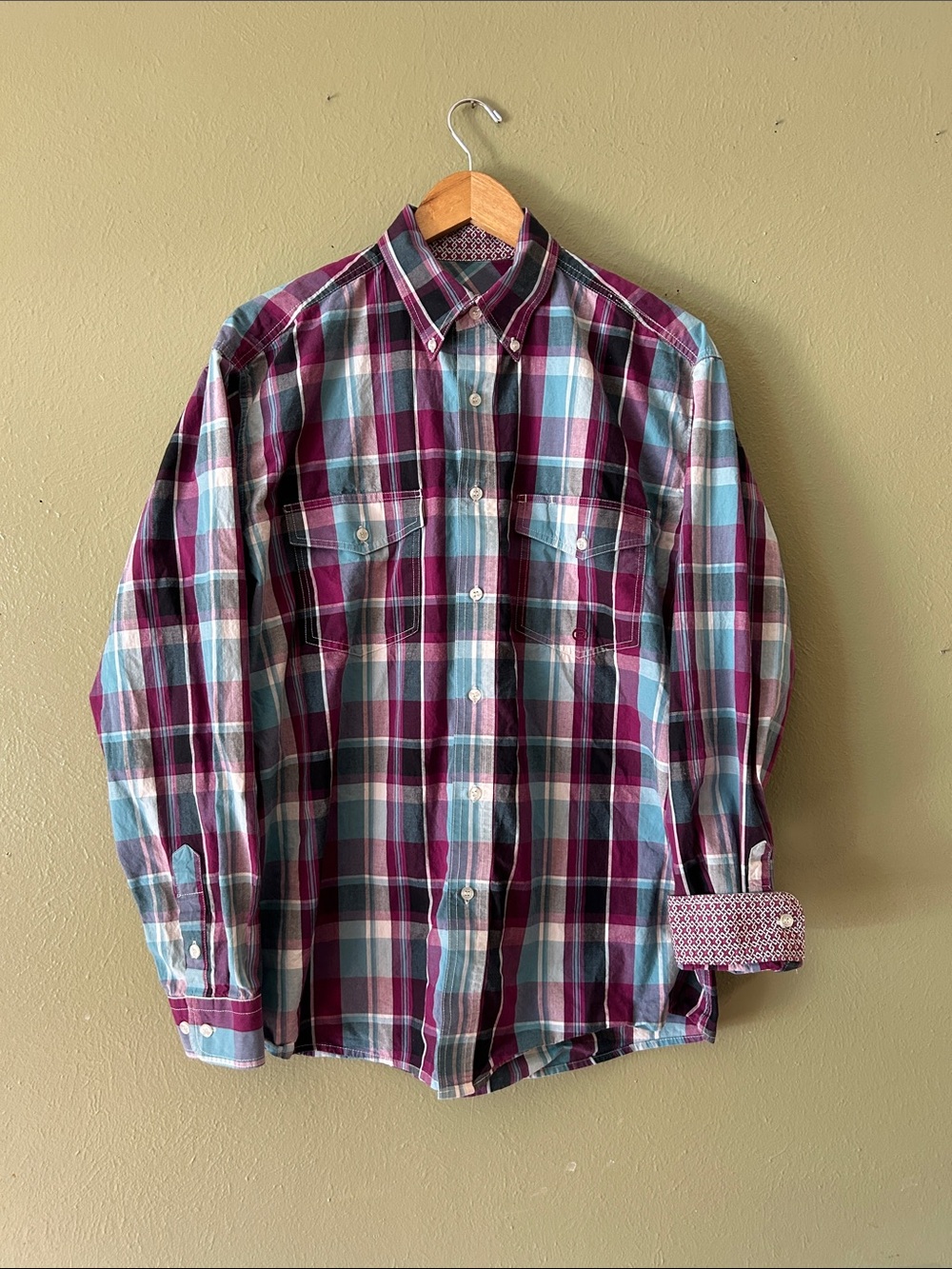 Roper Plaid Button-Down Western Shirt in Burgundy and Light Blue